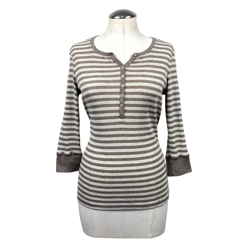 Caslon Y2K Style Henley Brown White Stripe 3/4 Sleeve Grunge Boho Burnout Sz S